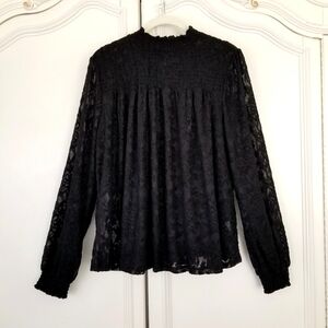 Cupio Black Lace Roses Smocked Sheer Long Sleeve Top Womens Large NWT